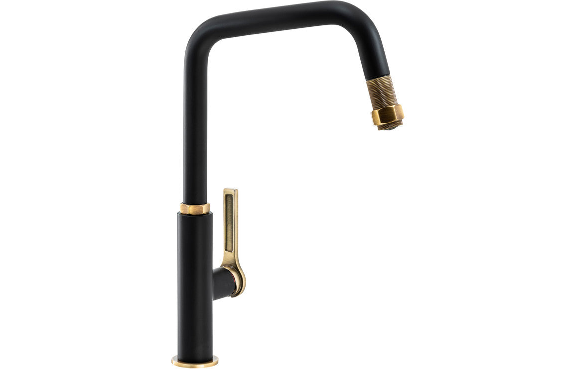 Abode Hex Single Lever Mixer Tap with Pull Out - Antique Brass & Matt Black Abode Hex Single Lever Mixer Tap with Pull Out - Antique Brass & Matt Black