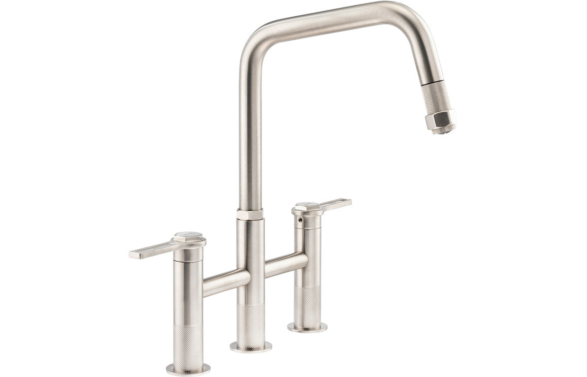 Abode Hex Bridge Dual Lever Mixer Tap with Pull Out - Brushed Nickel Abode Hex Bridge Dual Lever Mixer Tap with Pull Out - Brushed Nickel