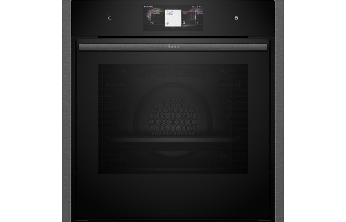 Neff N90 B64FT53G0B Single Slide & Hide Electric Oven with Steam - Black with Graphite Trim Neff N90 B64FT53G0B Single Slide & Hide Electric Oven with Steam - Black with Graphite Trim