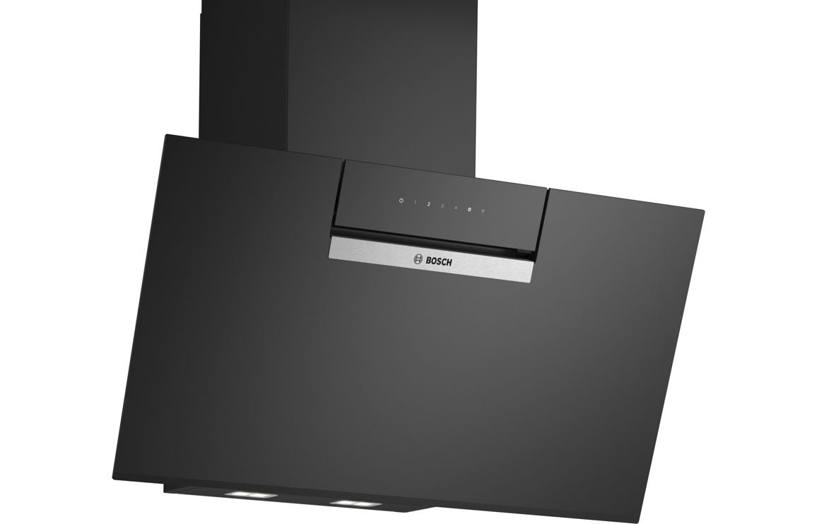 Bosch Series 4 DWK87FN60B 80cm Angled Chimney Hood - Black Glass Bosch Series 4 DWK87FN60B 80cm Angled Chimney Hood - Black Glass