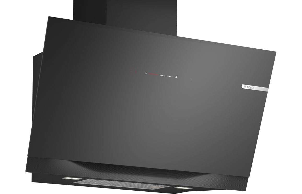 Bosch Series 8 DWK91LT60B 90cm Angled Chimney Hood - Black Glass Bosch Series 8 DWK91LT60B 90cm Angled Chimney Hood - Black Glass