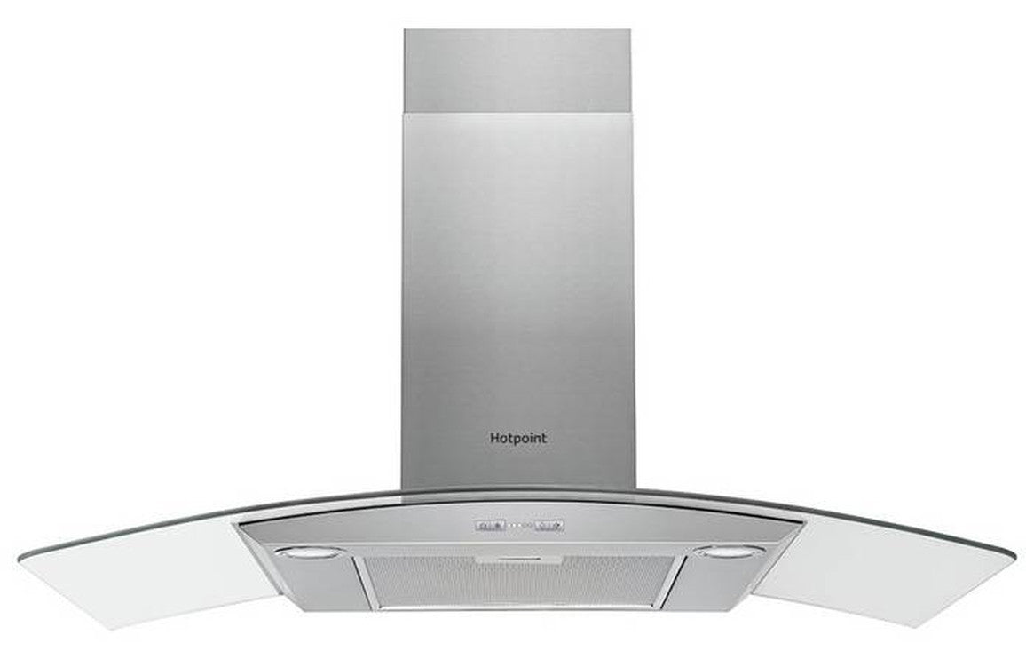 Shop Now Hotpoint PHGC9.4FLMX 90cm Curved Glass Chimney Hood - Stainless Steel In UK Hotpoint PHGC9.4FLMX 90cm Curved Glass Chimney Hood - Stainless Steel UK
