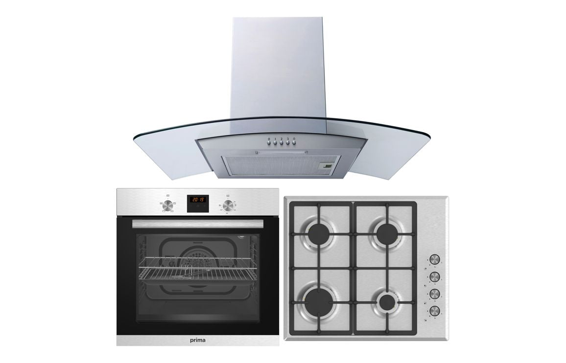 Prima Oven Gas Hob & Curved Glass Chimney Hood Pack - Stainless Steel Prima Oven Gas Hob & Curved Glass Chimney Hood Pack - Stainless Steel