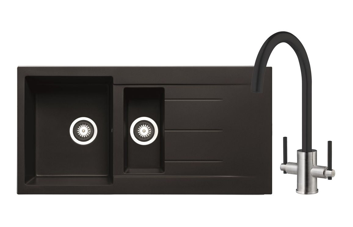 Shop Now Prima+ Granite 1.5B Inset Sink & Swan Neck Mixer Tap Pack - Black In UK Prima+ Granite 1.5B Inset Sink & Swan Neck Mixer Tap Pack - Black UK