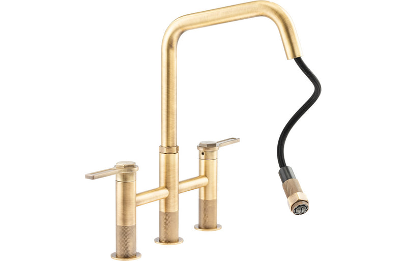 Abode Hex Bridge Dual Lever Mixer Tap with Pull Out - Antique Brass