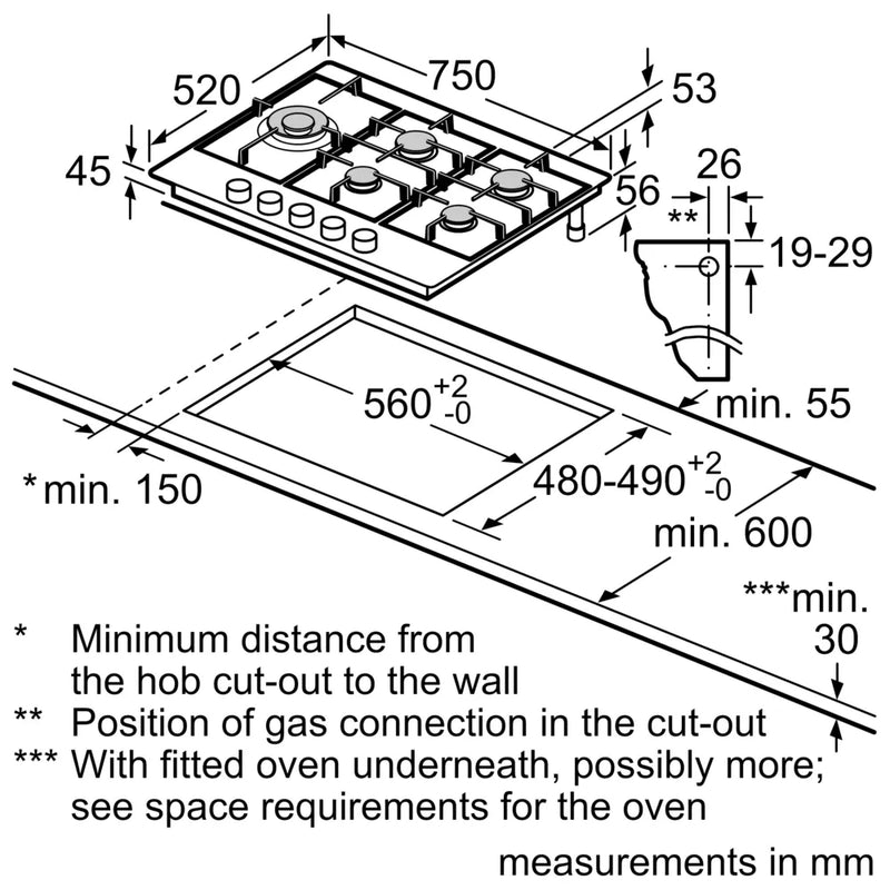Bosch Series 6 PCS7A5I90 75cm Gas Hob - Brushed Steel