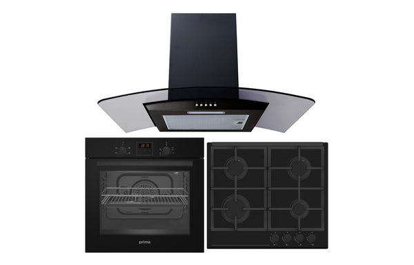 Prima Oven Gas Hob & Curved Glass Chimney Hood Pack - Black