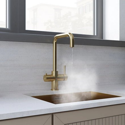 Verana 3 - in - 1 Square Instant Boiling Water Tap - Brushed Brass - The Kitchen Box