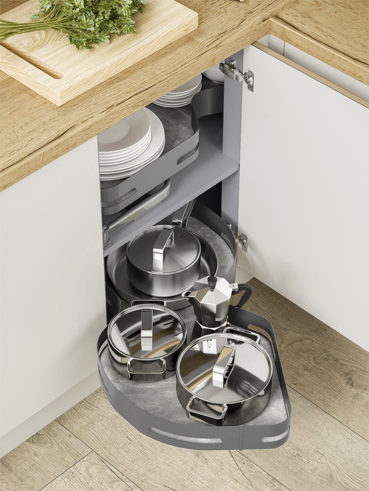 MATERIA 371, Twin Shelf Corner Pull Out, Left Hand, To Suit 1200mm Wide Blind Corner Base Unit with a 600mm Door, Orion Grey